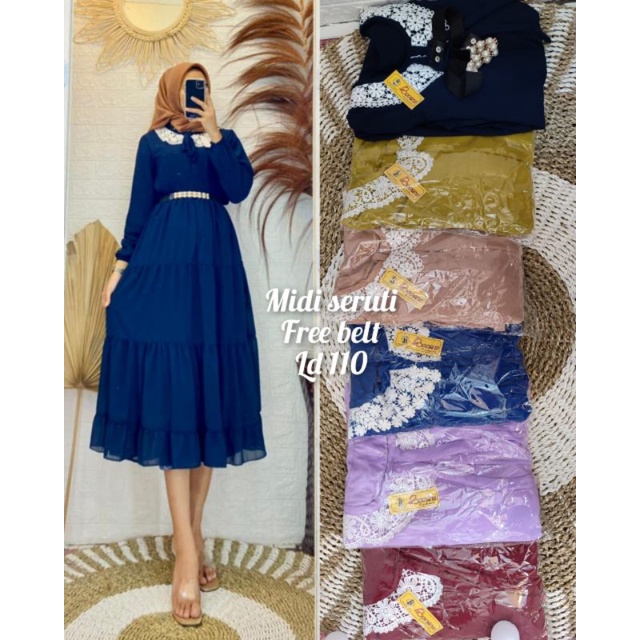 Baju Gami Midi Dress Wanita Dewasa Premium Ceruty Babydoll Full Furing Polos Leher Kerah Renda Model