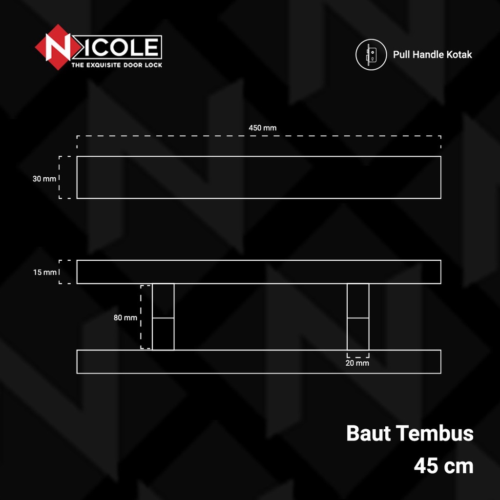 Pull Handle Tarikan Pintu Gagang Pintu Stainless Steel Baut Tembus Silver Polos-45CM