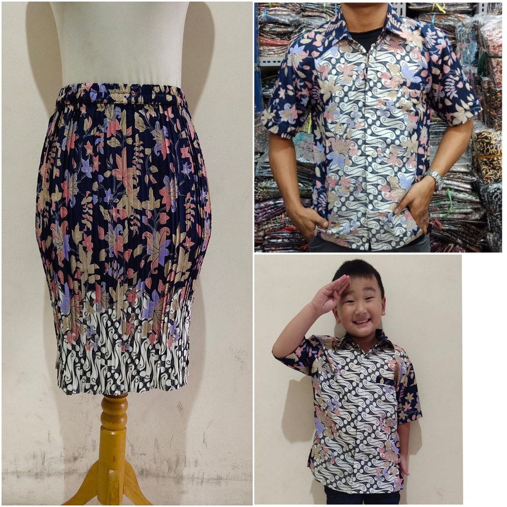 SB Collection Couple Keluarga Dellawati Rok Midi Plisket Jumbo Kemeja Anak Dan Kemeja Batik Pria