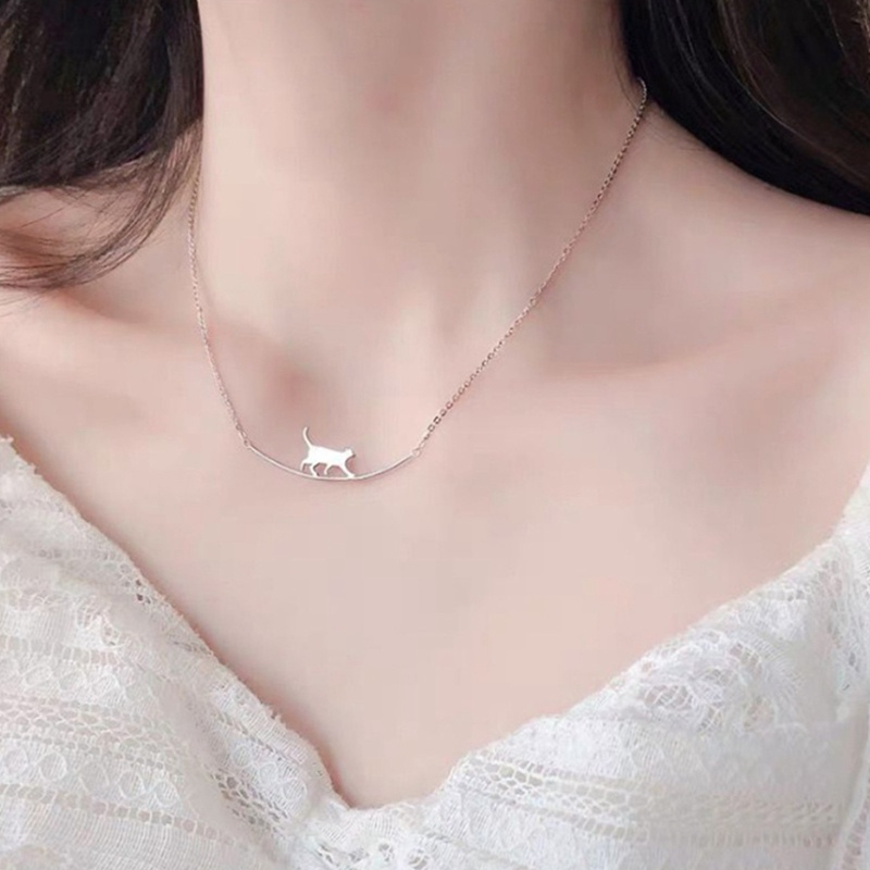 New Fashion Cat Curved Simple Personality 925 Sterling Silver Jewelry Cute Animal Walking Cat Clavicle Chain Necklaces