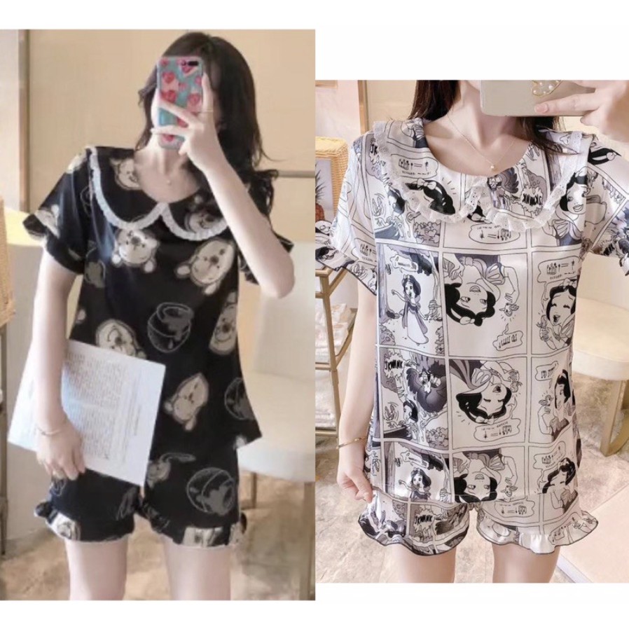 Baju tidur import premium satin kerah HP motif