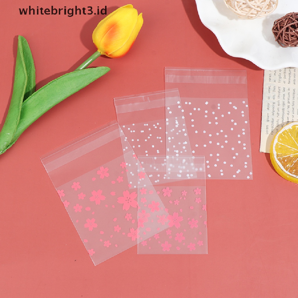 (whitebright3.id) 100pcs / Set Kantong Plastik Motif Bunga Sakura Untuk Tempat Permen / Kue