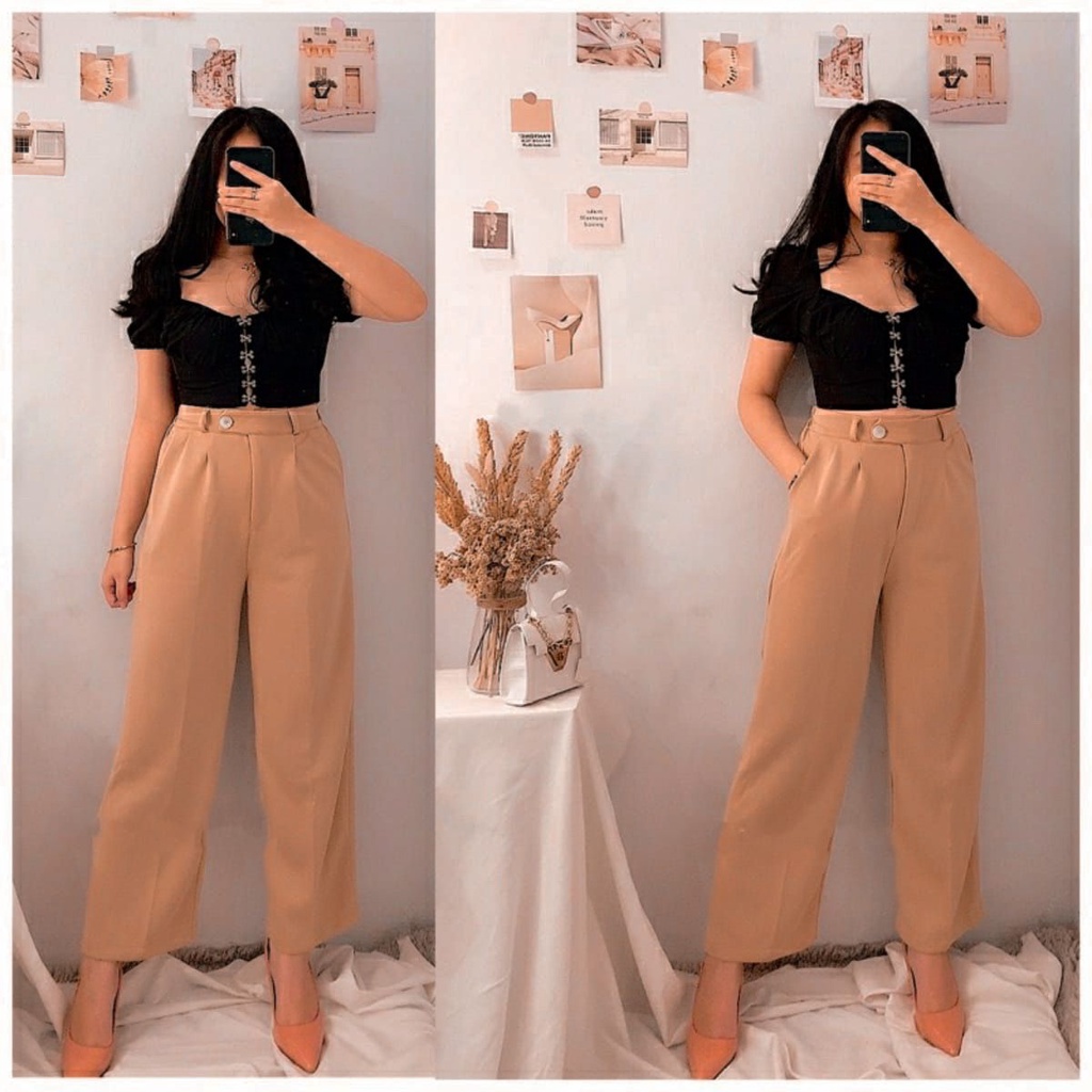 Tq88indonesia Fashion Celana Panjang Wanita / Irene Crepe Button Pants / Celana Polos Cewek / Celana Santai Cewek / Celana Panjang Cewek Terbaru