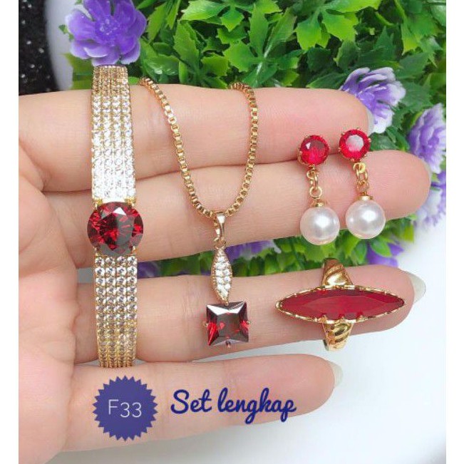 (NOV) Set Perhiasan Lapis Emas Xuping Gelang Kalung Cincin Anting Permata Merah Gold Mewah Titanium