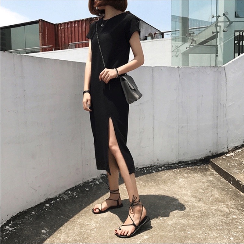 MIDI DRESS KOREA DRESS BELAH SAMPING DRESS HITAM POLOS DRESS  PANJANG O NECK ALLSIZE