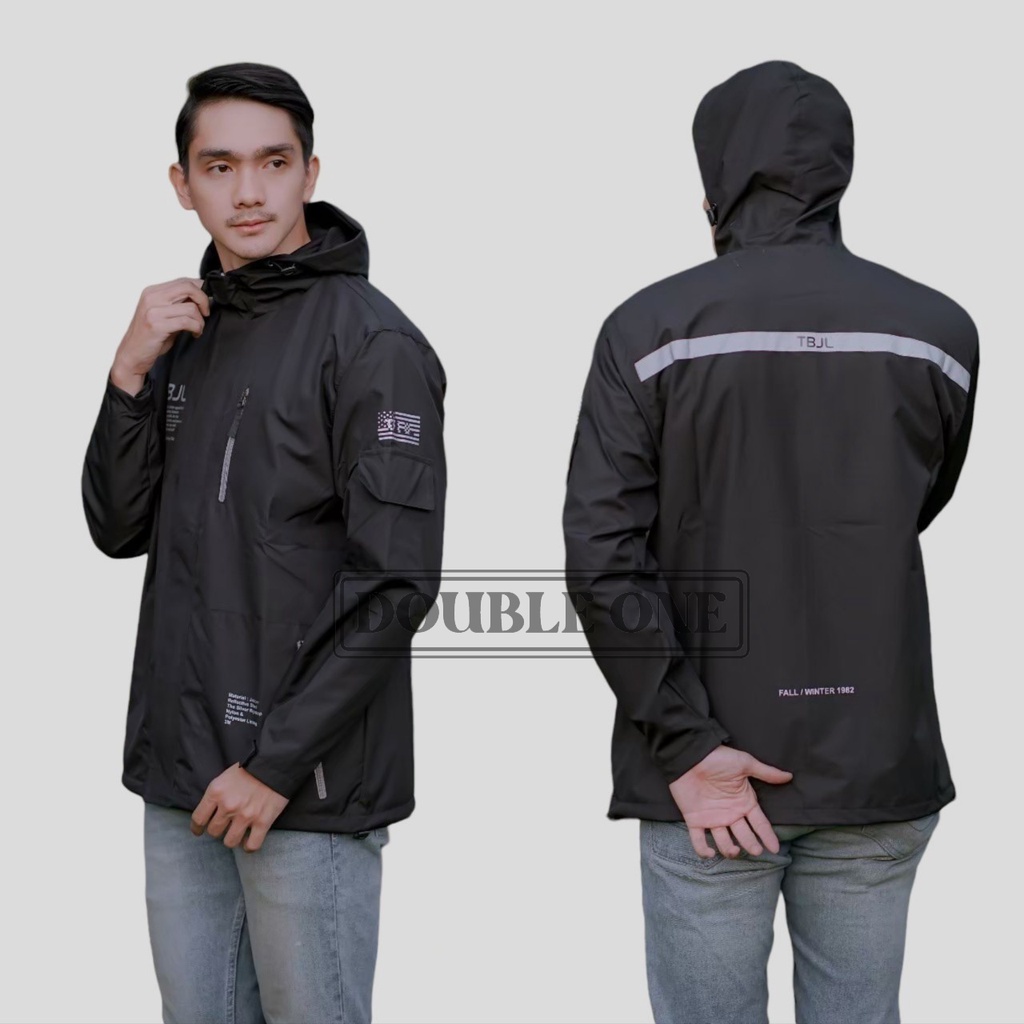 DOUBLE ONE - Jaket Pria Outdoor Taslan Original THE BOJIEL / Jaket Waterproof / Jaket Hoodie Parasut Pria / Jaket Hoodie Anti Air Hitam