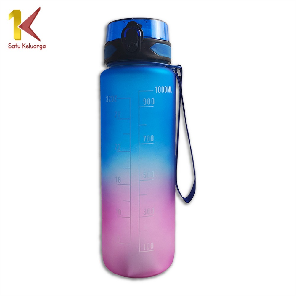 Satu Keluarga Botol Minum 1 Liter C407 Gradasi Tumbler Olahraga Sport Unik Botol Motivasi Thumbler Penanda Waktu BPA FREE-BIRU-PINK