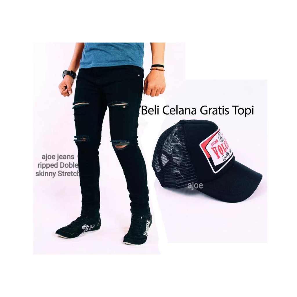  celana  jeans  pria  double sobek  gratis topi Shopee  Indonesia