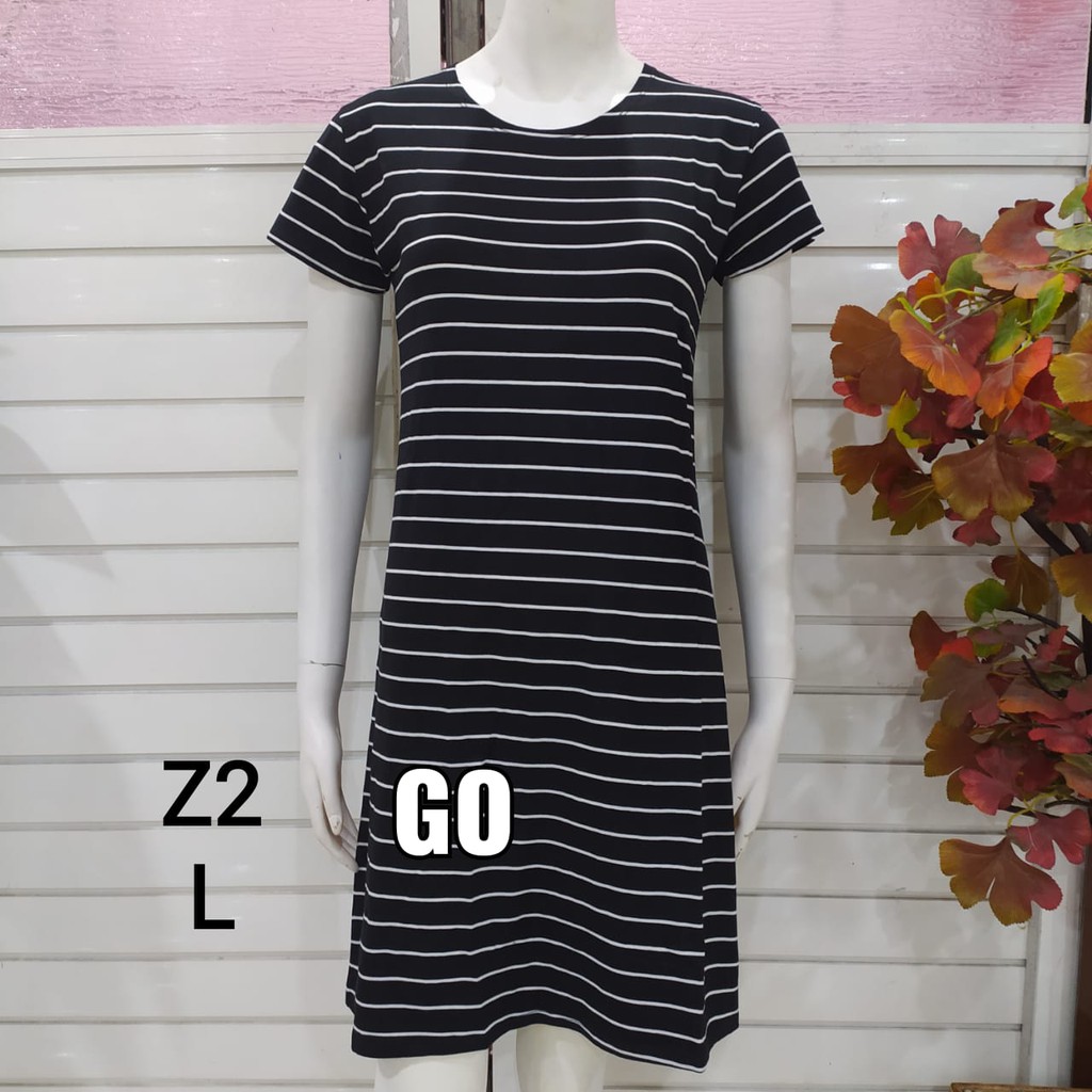 gof DS LMN DRESS/DASTER Wanita Casual Motif Salur Hitam Putih Pakaian Perempuan Lengan Pendek