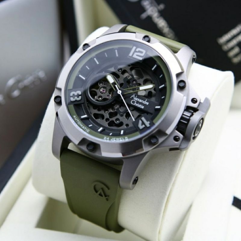 Alexandre Christie Original Automatic  AC 6295 Jam Tangan Pria Tali Karet hijauu abu