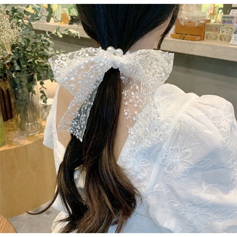 AC040 Ikat Rambut Ribbon Lace Mutiara Feminim Korea