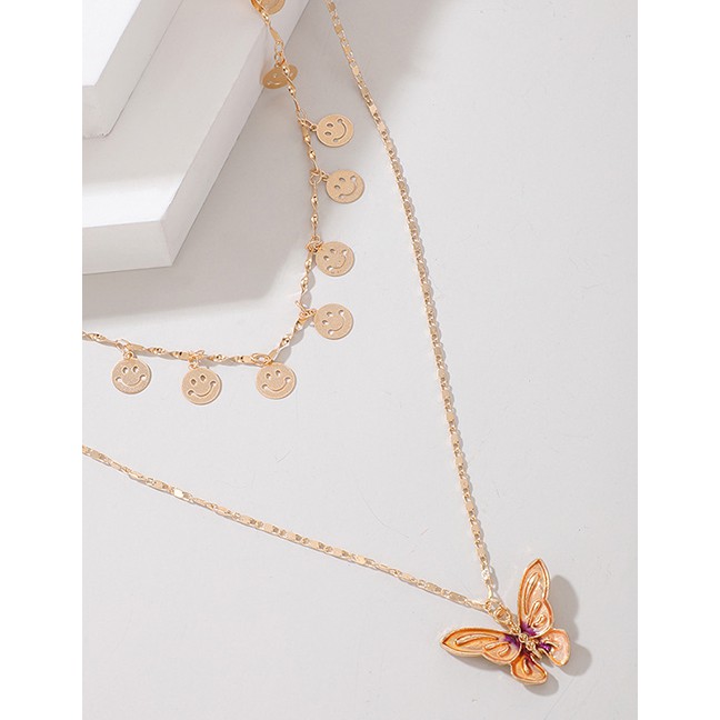 LRC Kalung Wanita Fashion Rose Gold Circle Butterfly Smiley Alloy Multilayer Necklace P06580