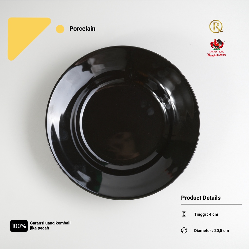 Piring Makan Keramik 8.5inch 22cm Hitam Polos, Piring Nasi, Mie