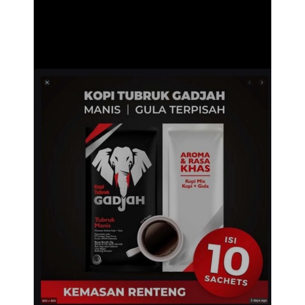 

kopi gajah 3 in 1 kemasan renteng isi 10 sachet