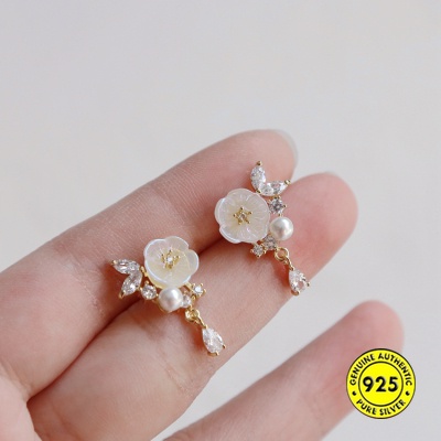 Anting Tusuk Sterling Silver 925 Desain Bunga Hias Mutiara Zircon AAA 18K Untuk Wanita