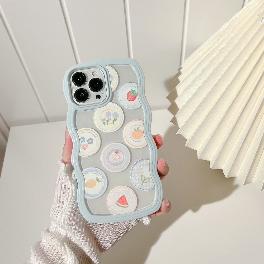 Lucu Lukisan Cat Minyak Peralatan Makan Biru Muda Transparan Phone Case Cover Dengan Manik-Manik Rantai Untuk Iphone X XR XS 11 12 13 14 PLUS PRO MAX