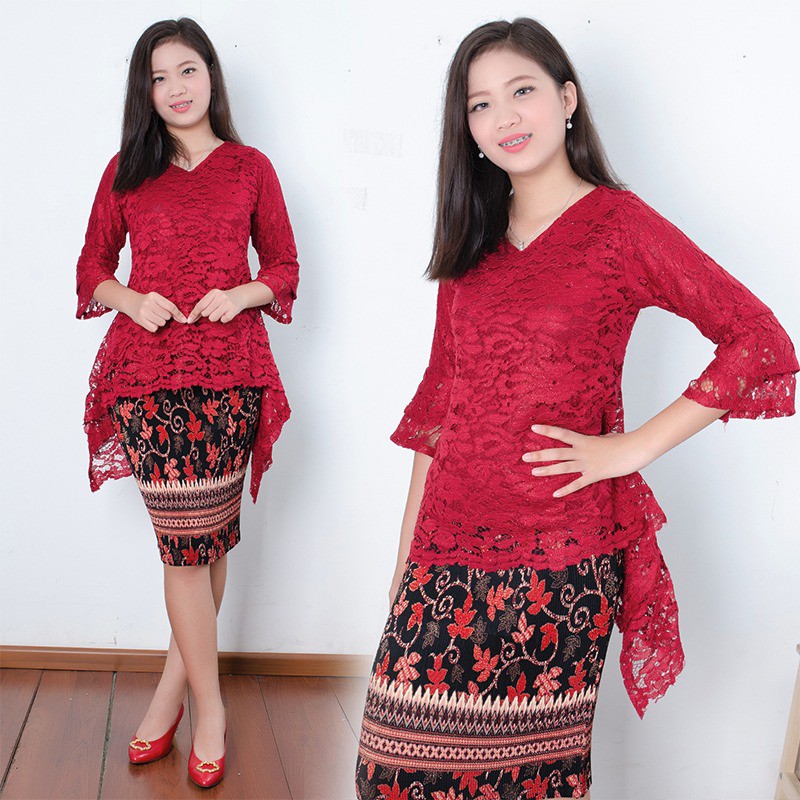 SB Collection Stelan Kebaya Warni Blouse Brukat Dan Rok Plisket Jumbo Midi Batik Wanita