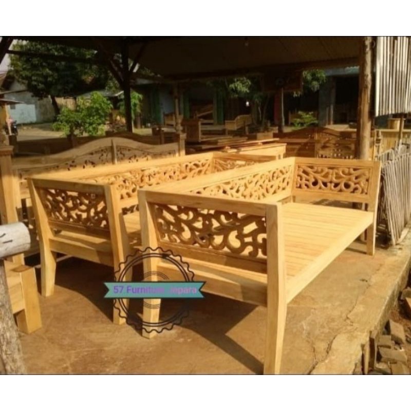 Bangku Bale Bale Jati Ukiran Jepara - Kursi Panjang Teras Mentahan
