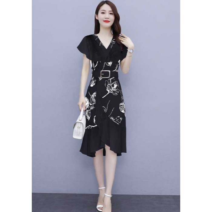 dress wanita hitam motif gambar rame sifon korea lengan pendek elegant