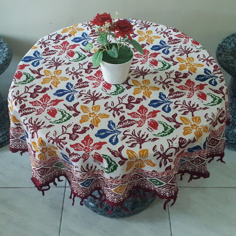 Taplak Meja Teras Batik Cap Pekalongan Asli Motif Daun Pepaya Bundar