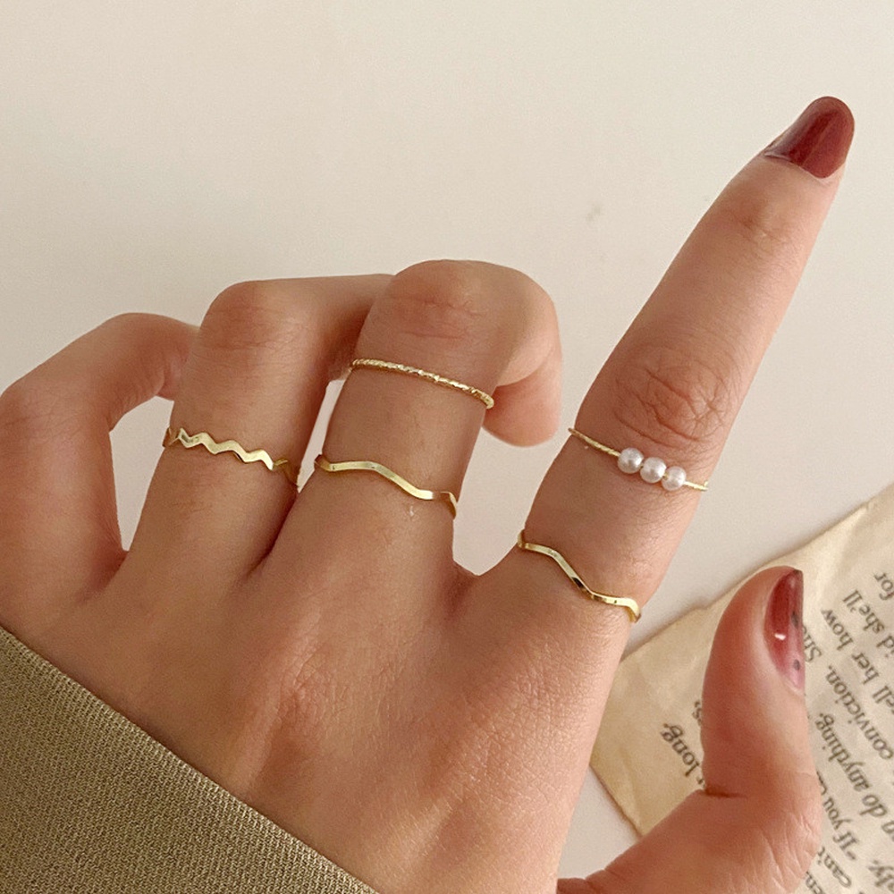 Needway  4Pcs/set Women Jewelry Simple Wedding Ring Rings Set Pearl 5Pcs/set Love Heart Tail Ring Geometric Ladies Wavy Open Ring