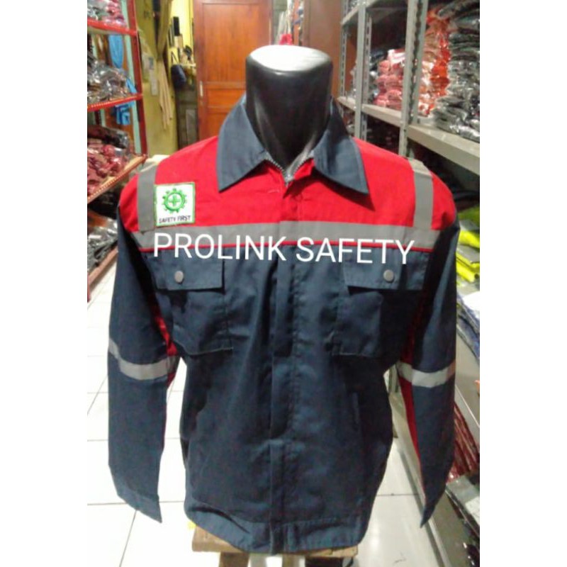 SERAGAM SAFETY SCOTLIGHT PUNDAK RESLETING FREE LOGO MERAH ABU ABU KAIN DRILL