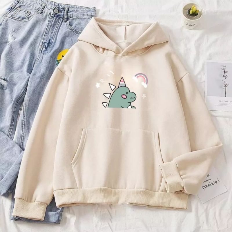 DINO WITH RAINBOW SWEATER HOODIE WANITA PRIA TERMURAH TERLARIS'