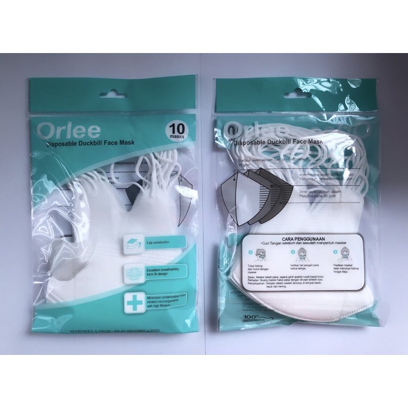 Masker Duckbill Hijab/Headloop Orlee 3ply isi 10pcs EMBOSS Orlee