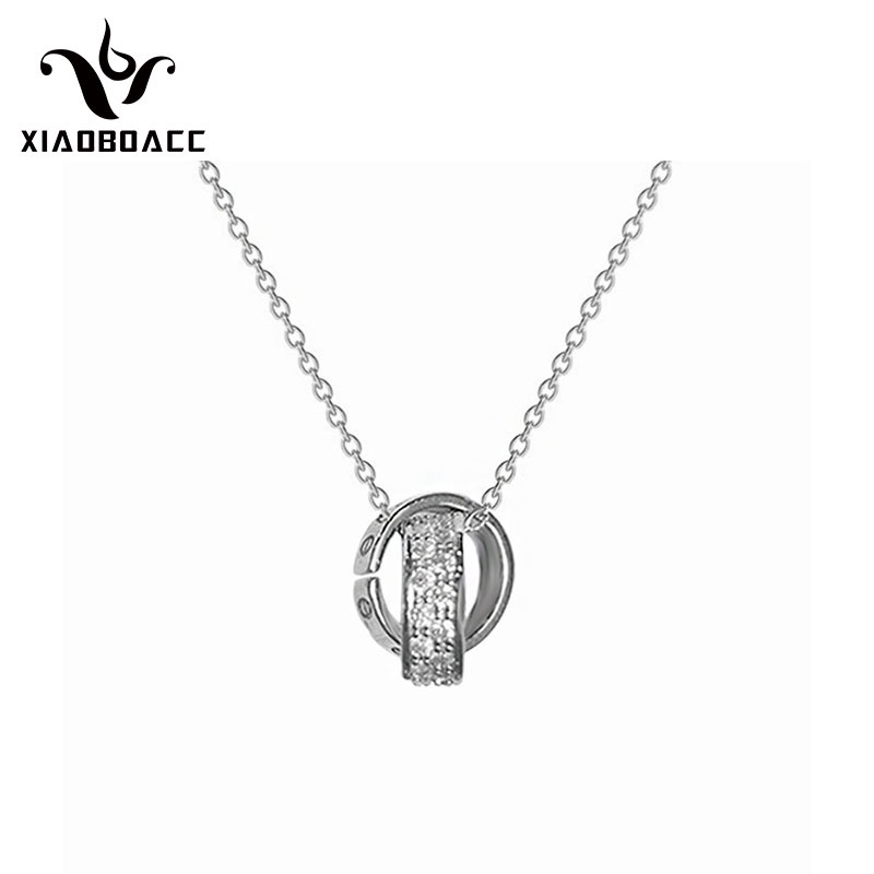 XiaoboACC Kalung Rantai Dengan Liontin Cincin Ganda Bahan Titanium Steel Ukuran - 38CM + 6CM