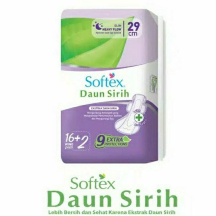 Softex Daun Sirih18 Pad Slim Heavy Flow 36cm + Antiseptic / Pembalut Wanita Ekstrak Daun Sirih 18 Pad