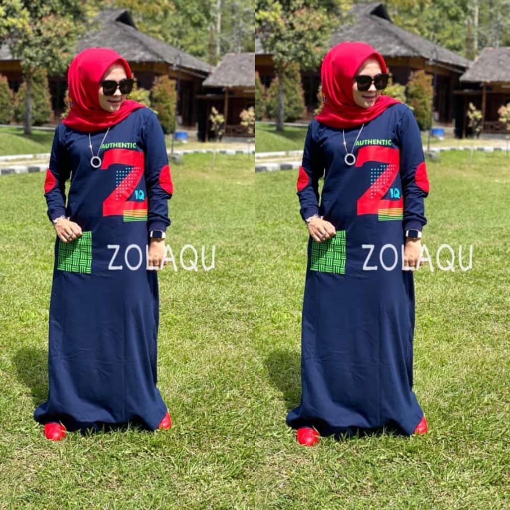 Gamis Wanita Muslimah Dress Mootif Zolaqu Navy Blue Bahan Combed Premium