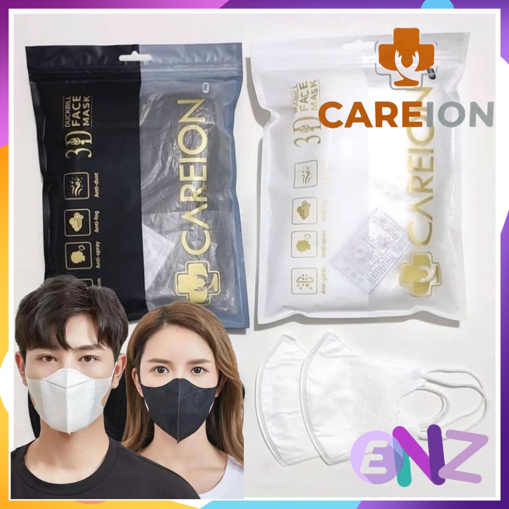 ENZ ® Masker Duckbill CAREION 3Ply isi 50Pcs Putih Hitam Warna Duckbill Earloop Mask Kemenkes 1076