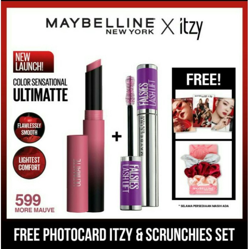 Maybelline Itzy Lipstick + Lash Lift Mascara set free PC dan Scrunchies
