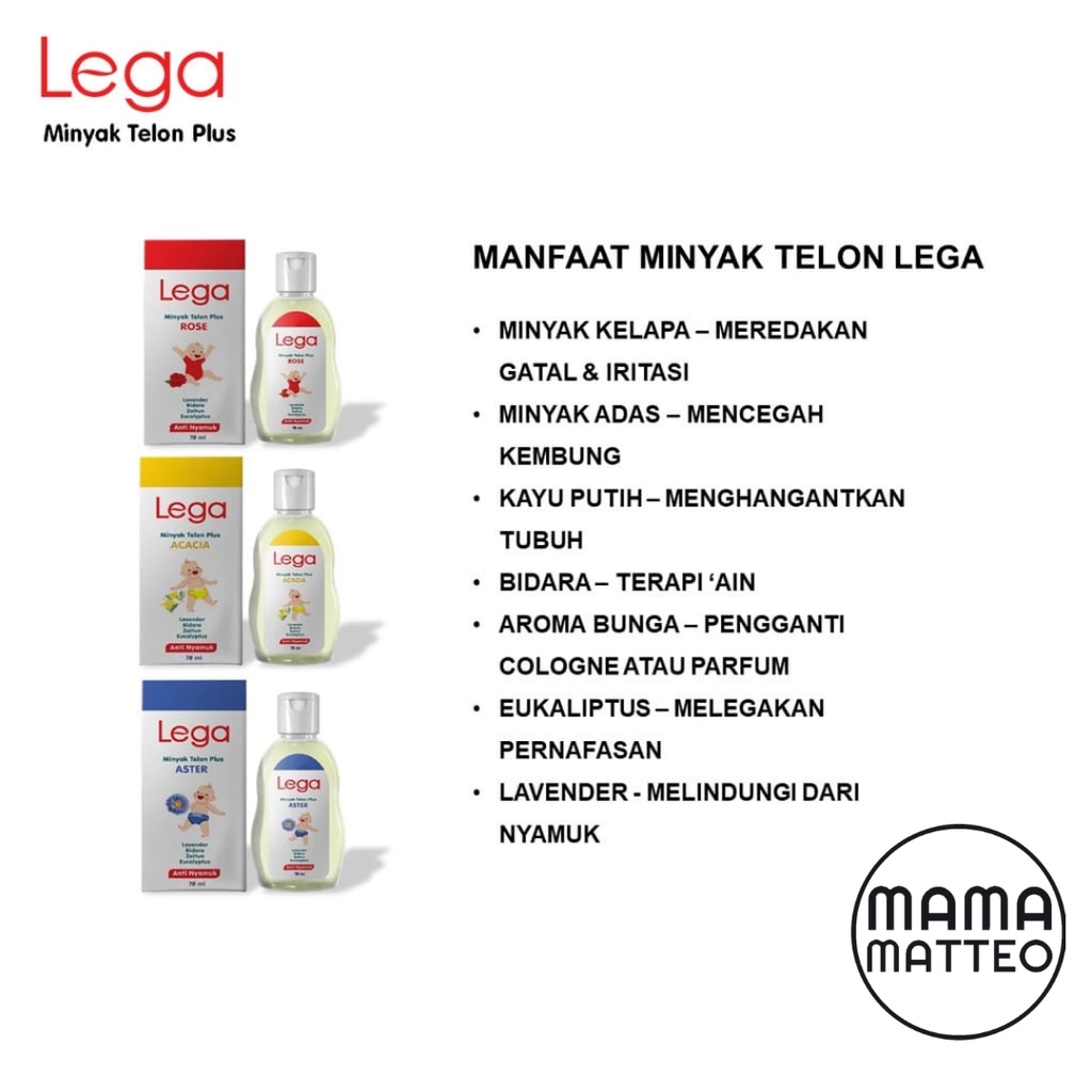 LEGA Minyak Telon Plus Baby 100ml &amp; 70ml Varian Wangi Bunga Rose / Acacia / Aster / Crysan / Telon Oil Minyak untuk Bayi dan Anak / LEGA BANDUNG