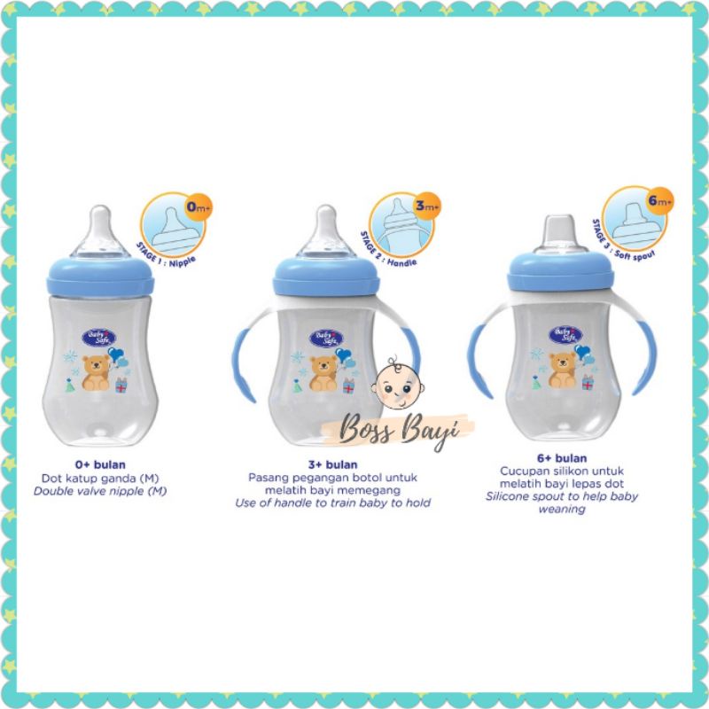 BABY SAFE - 3 Stage Feeding System Bottle 250ml WN30 Wide Neck with Handle/ Botol Dot Wide Neck Ada Pegangan