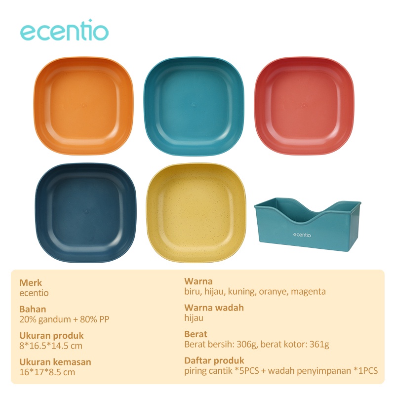 ecentio 5pcs Piring Makan plastic/piring bundar buah/kotak dinner Plate Warni Set BPA FREE-③