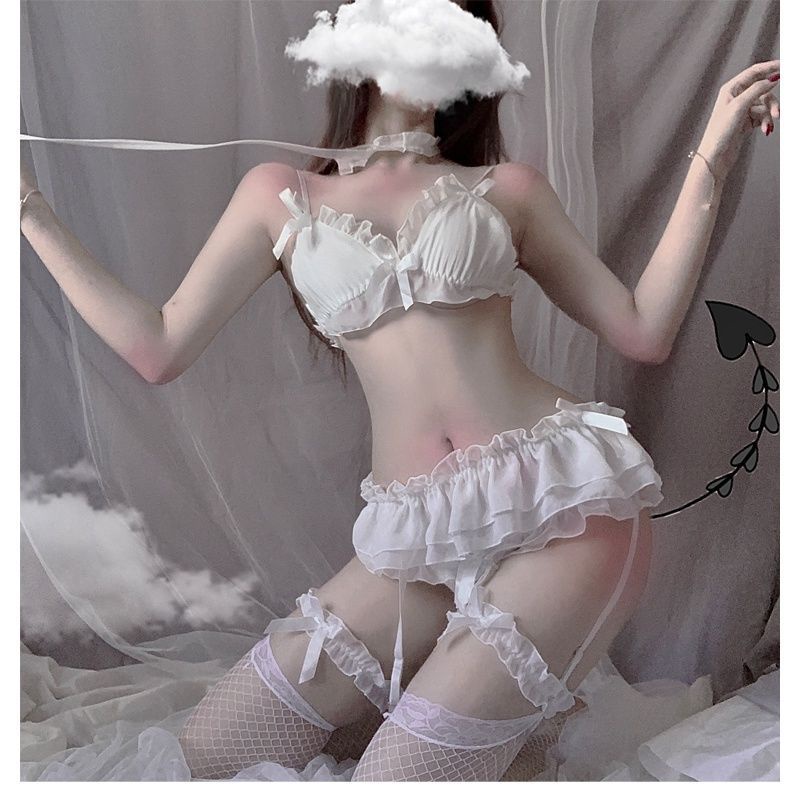 Set Lingerie Wanita Sexy Cosplay Babydoll Lipit Teddy Bra dan Thongs dengan Kalung Bikini malam pakaian dalam 3T08