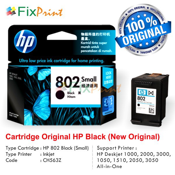 Cartridge Original HP 802 Black Color CH563ZZ Tinta Printer HP Deskjet 1000 2000 3000  1050 2050 305