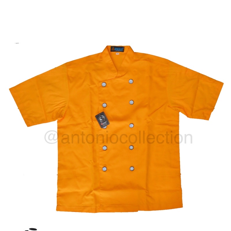 Baju Koki / Chef Putih Lengan Pendek List Hitam-Orange