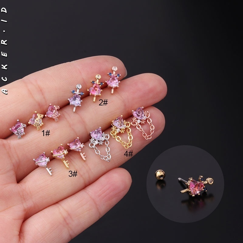 [ACKER] 1Piece Zirkon Bentuk Hati Helix Tragus Piercing 20Gauge Barbell Anting Stud Stainless Steel Untuk Wanita