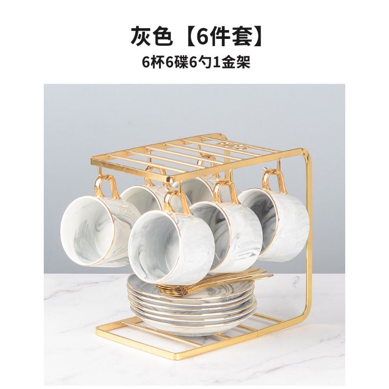 [PO] Gelas Marble + Piring + Sendok Set Gray/Pink Handle Gold