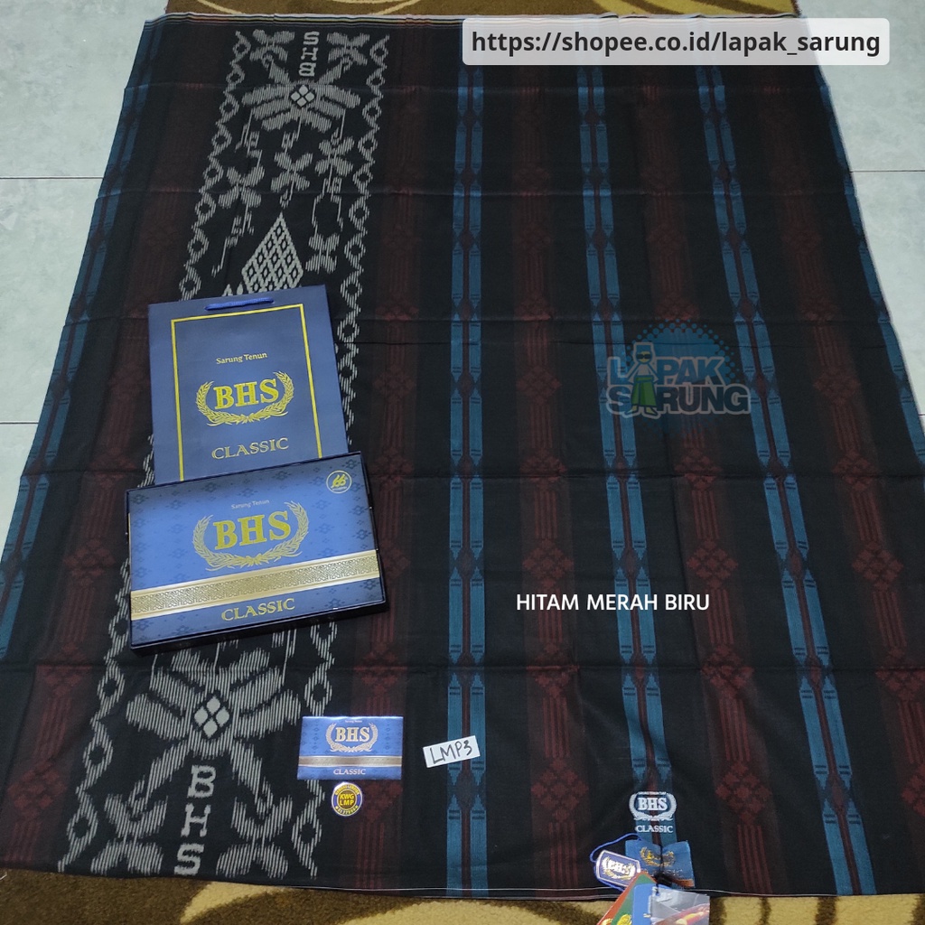 Sarung BHS Classic Gold KWG LMP Kawung Lampion 03 Hitam Merah Biru