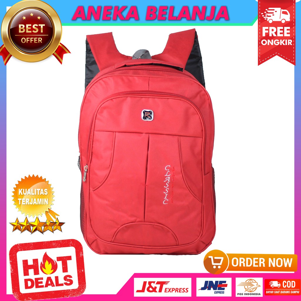 ANEKA - Tas Ransel Pria Wanita Fashionable Polo Classic Merah Elegant Bonus Jas Hujan Backpack Cowok Cewek Keren Sekolah Kuliah Kerja Murah Bahan Tebal Kualitas Import