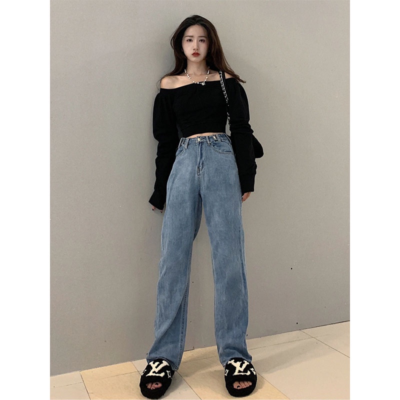 New Biru Kulot Longgar High Waist Celana Jeans Panjang Wanita