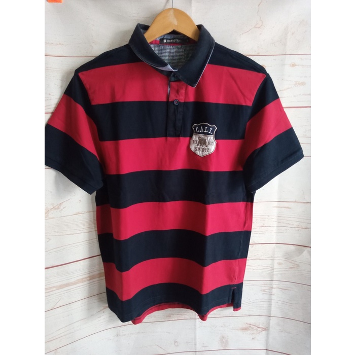 Polo Shirt Kaos Lengan Pendek "Hang Ten" Original Warna Stripe Merah Hitam Size L