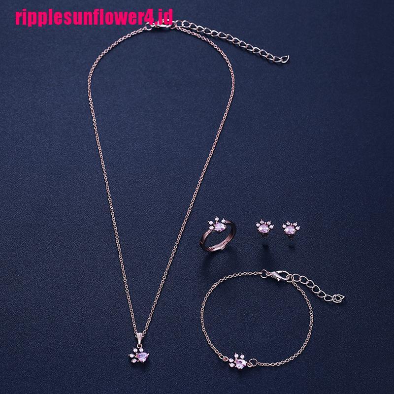 4pcs / set Kalung + Gelang + Cincin + Anting Kristal Bentuk Telapak Kaki Untuk Wanita