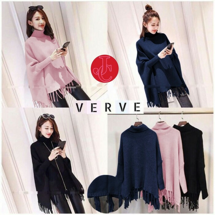 Jaket Wanita Sweter Verrve Murah/Jamper Rajut Jumbo Rumbai Keren