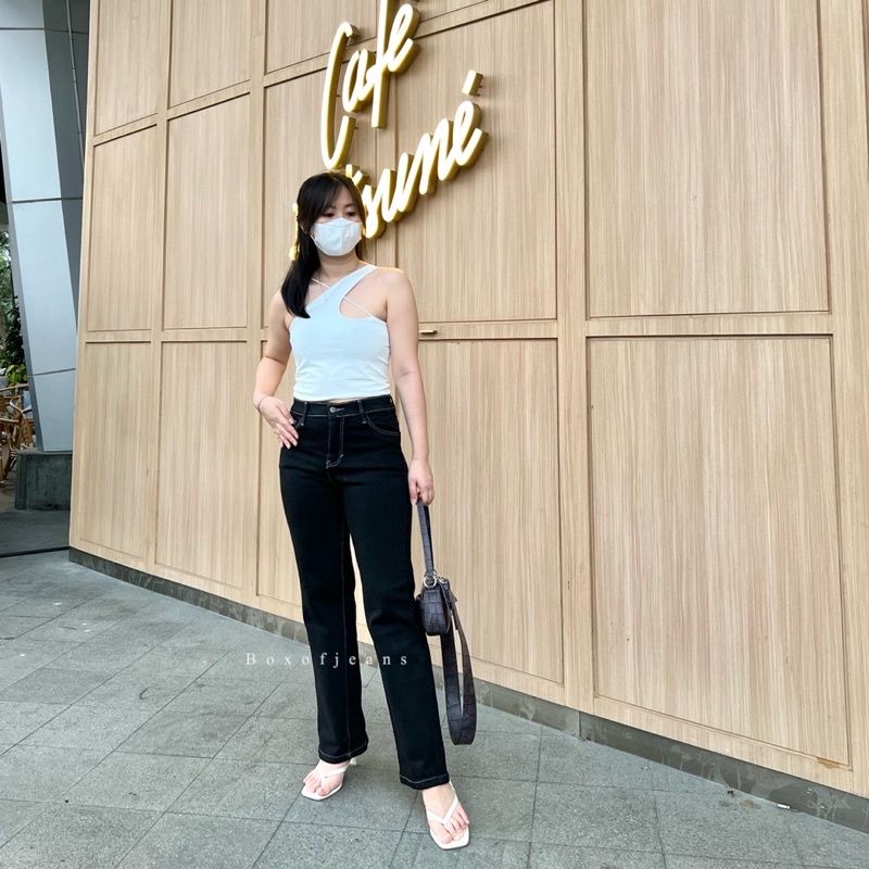 Boxofjeans - MERLYN HW Stretchy Loose Jeans - HITAM LIST PUTIH