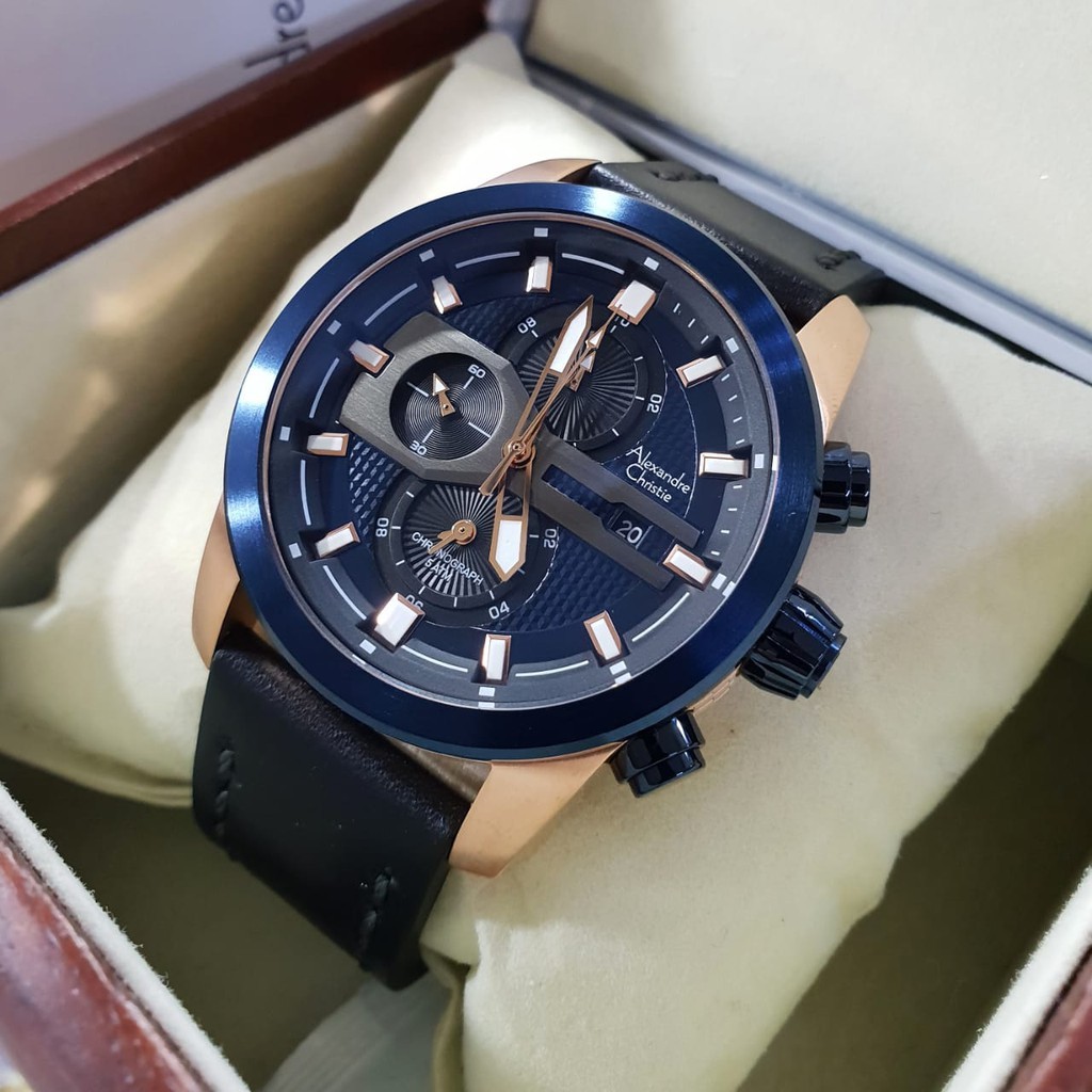 Alexandre Christie 100% Original ac6270 Jam Tangan Pria tali kulit coklat blue rosegold
