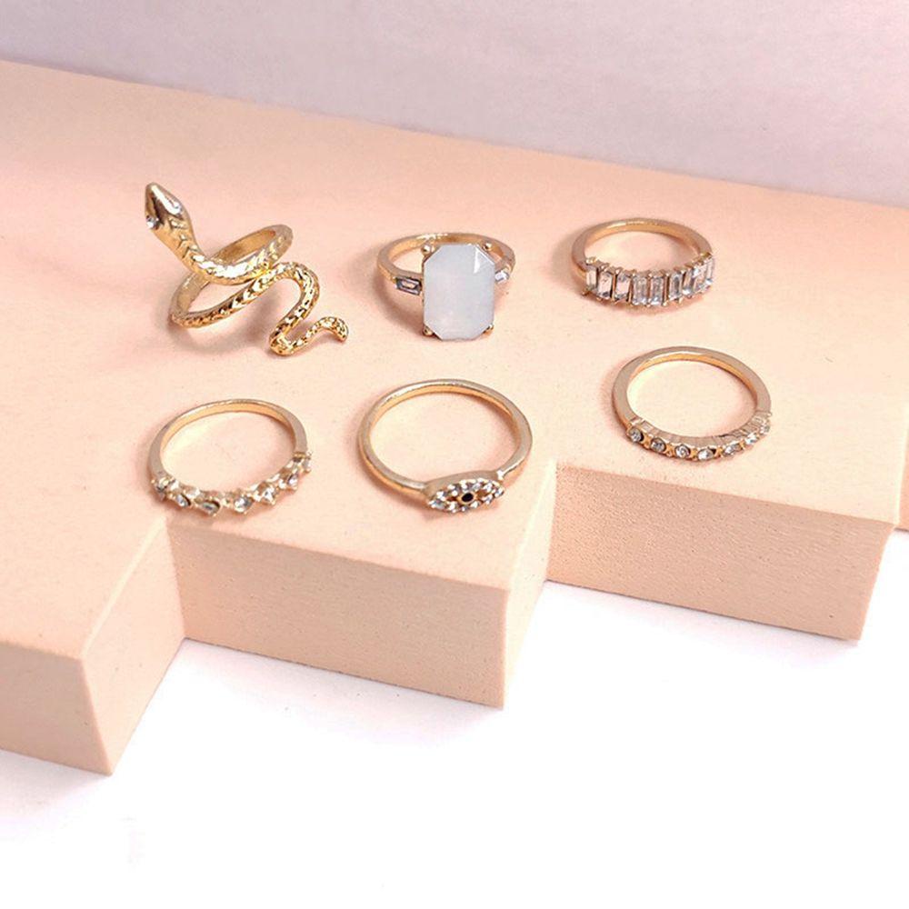 Quinton Snake Ring set 6pcs/set Geometris Dapat Disesuaikan Untuk Unisex Zamrud Zirkon Buku Jari Cincin Kepribadian Berlian Imitasi Kristal Gaya Korea Jari Cincin